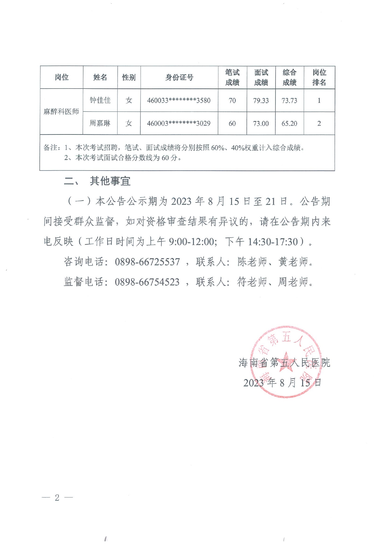 海南省第五人民醫(yī)院2023年公開招聘工作人員考試成績公告20230815(1)_page-0002.jpg